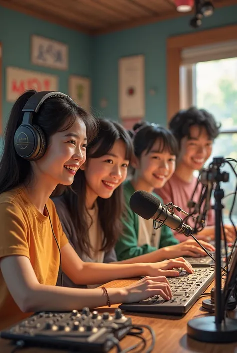  three 、Four Asian kids，Both men and women，happily crammed in the radio program studio，Part-time collaboration to record radio programs, 45 degree angle screen，realistic