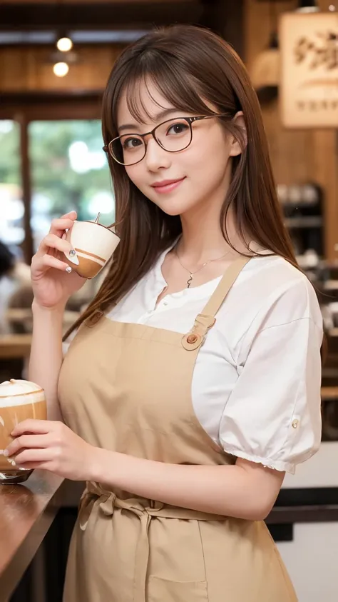 ((Highest quality, masterpiece, Ultra A high resolution、 the most complicated and detailed description )、(1 woman,Female cafe clerk)、In a cafe with a tranquil atmosphere、 pregnancy、Cafe staff uniform、length-sleeve、(((Heart latte art、Perfect heart latte art...