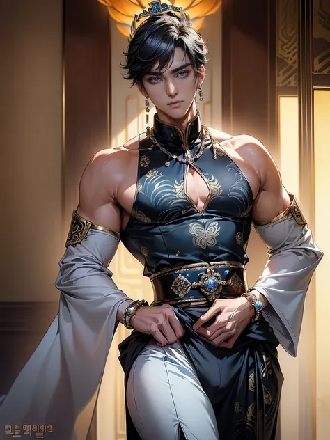 (masterpiece,best quality,ultra_detailed,highres,absurdres), (detailed shadow), (quality light), 1 (mature_idol_male:2.1) (korean_male:1.9) (with bulge:1.6), 15-ish, (muscleale focus), (solo:1.5), short black Quiff hair with Soft Fringe (bangs part on side...