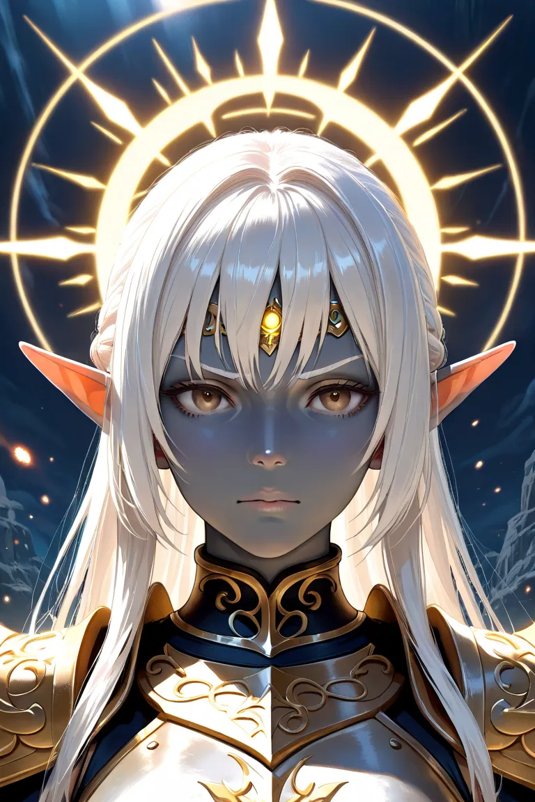 portrait, Solo, Male, Elf, grey skin, dull brown eyes, straight white hair, glasses, intimidating expression, wearing paladin armor with a sun symbol on it