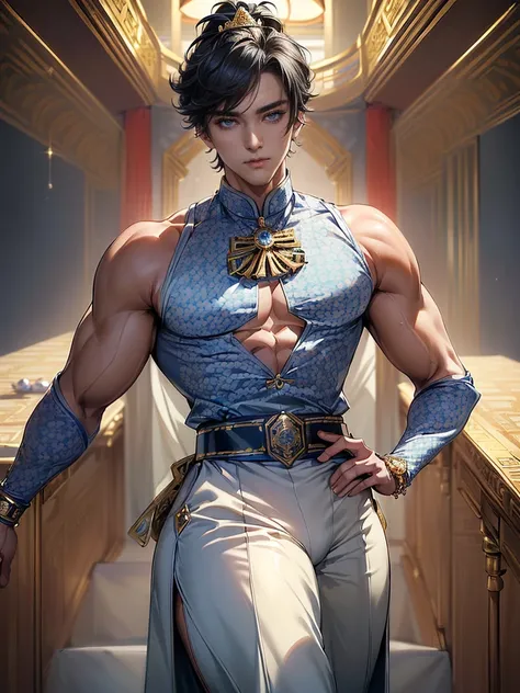 (masterpiece,best quality,ultra_detailed,highres,absurdres), (detailed shadow), (quality light), 1 (mature_idol_male:2.1) (korean_male:1.9) (with bulge:1.6), 15-ish, (muscleale focus), (solo:1.5), short black Quiff hair with Soft Fringe (bangs part on side...