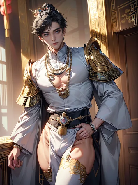 (masterpiece,best quality,ultra_detailed,highres,absurdres), (detailed shadow), (quality light), 1 (mature_idol_male:2.1) (korean_male:1.9) (with bulge:1.6), 15-ish, (muscleale focus), (solo:1.5), short black Quiff hair with Soft Fringe (bangs part on side...