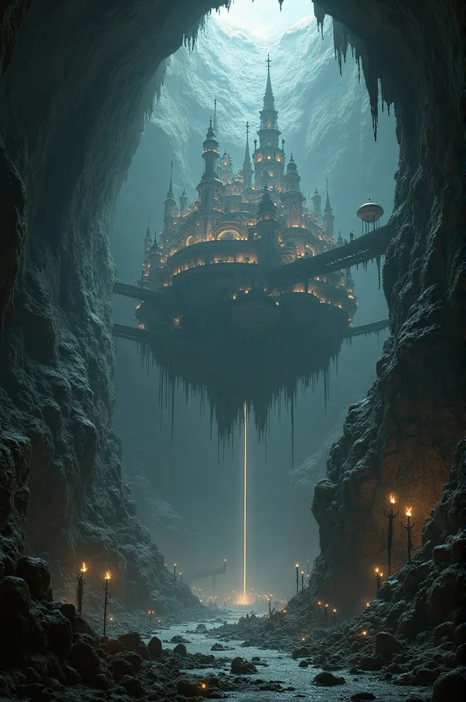 An underground city hanging down from the ceiling of an underground cave. A single beam of light shines down the middle of a cave entrance