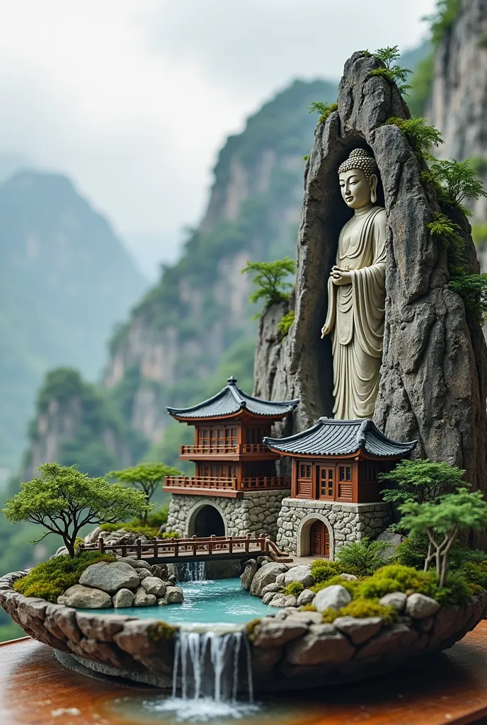 miniature landscape, rockery, mountains, water flowing down from the top of the mountain, smoke, 3 ancient Chinese-style houses placed in front, easy to see, a large half-body Buddha statue carved in the mountain blending into the rock with stone veins on ...