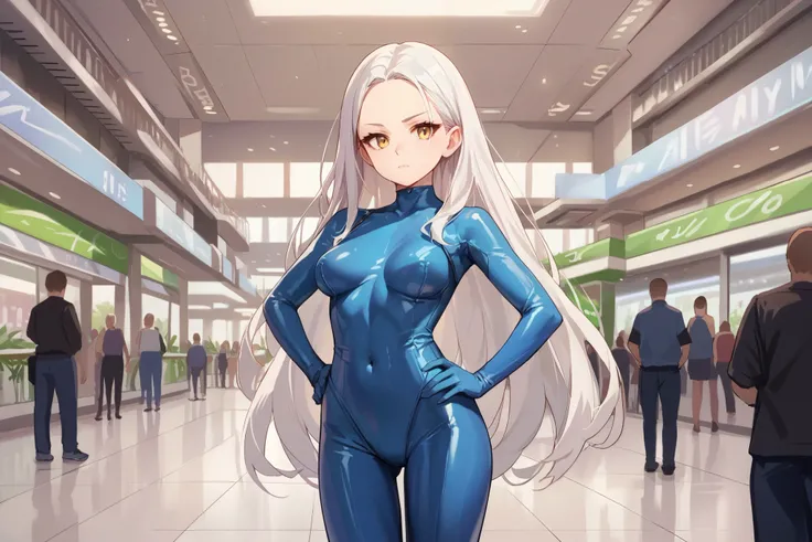 score_9_up, score_8_up, score_7_up, solo, source_anime, 1girl BREAK 

White hair, very long hair, forehead, yellow eyes, medium breasts, latex suit, blue bodysuit BREAK 

Looking at viewer, confused face, hands on hips, closed mouth, standing, indoors, mal...