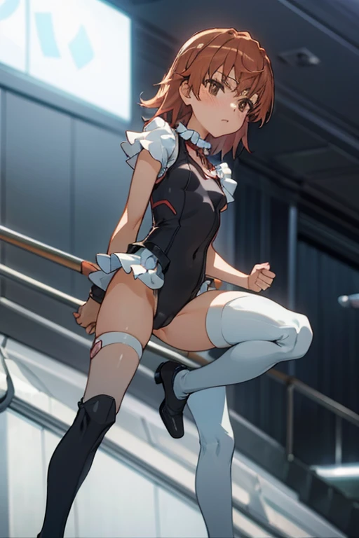 Mikoto misaka.、A Certain Scientific Railgun、girl、Small breasts、whole body,blush,best quality,taimanin suit,Black leotard, Frilled leotard,Thigh-high boots,