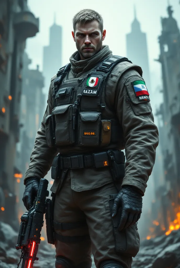 MAKE ME A WALLPAPER FOR A RUSSIAN SOLDIER &#39;HIS PHONE WITH THE MEXICAN FLAG ON HIS SHOULDER AND RIGHT CHEST SAYS HAZA ZAN, IN HIS HANDS HE IS HOLDING A FUTURISTIC LASER WEAPON LOADED WITH PROTONS AND IN HIS OTHER HAND HE IS WOUNDED AND BANDAGED ON HIS A...