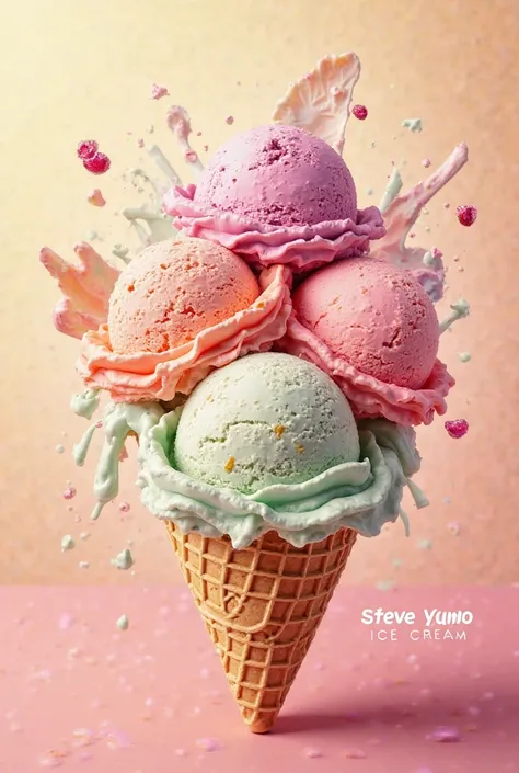 Génère moi un flyer attirant avec plusieurs glaces délicieuses et la griffe "Steve yamo ICE cream" marqué sur de l'image 