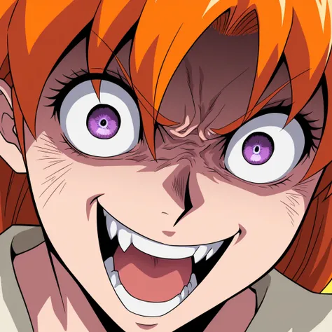 1girl,solo,male focus,open mouth,purple eyes,orange hair,angry,smile,crazy eyes,close-up,retro artstyle,evil smile,teeth,looking at viewer,
