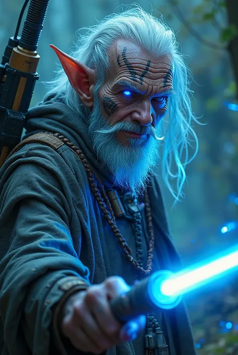 ((Masterpiece)), (highest quality), stylized close up fantasy portrait, Dungeons & Dragons, badass and mysterious wood elf monk covered head to toe in glowing light blue tattoos, glowing light blue eyes, wielding a blue laser whip, laser rifle on back, ret...