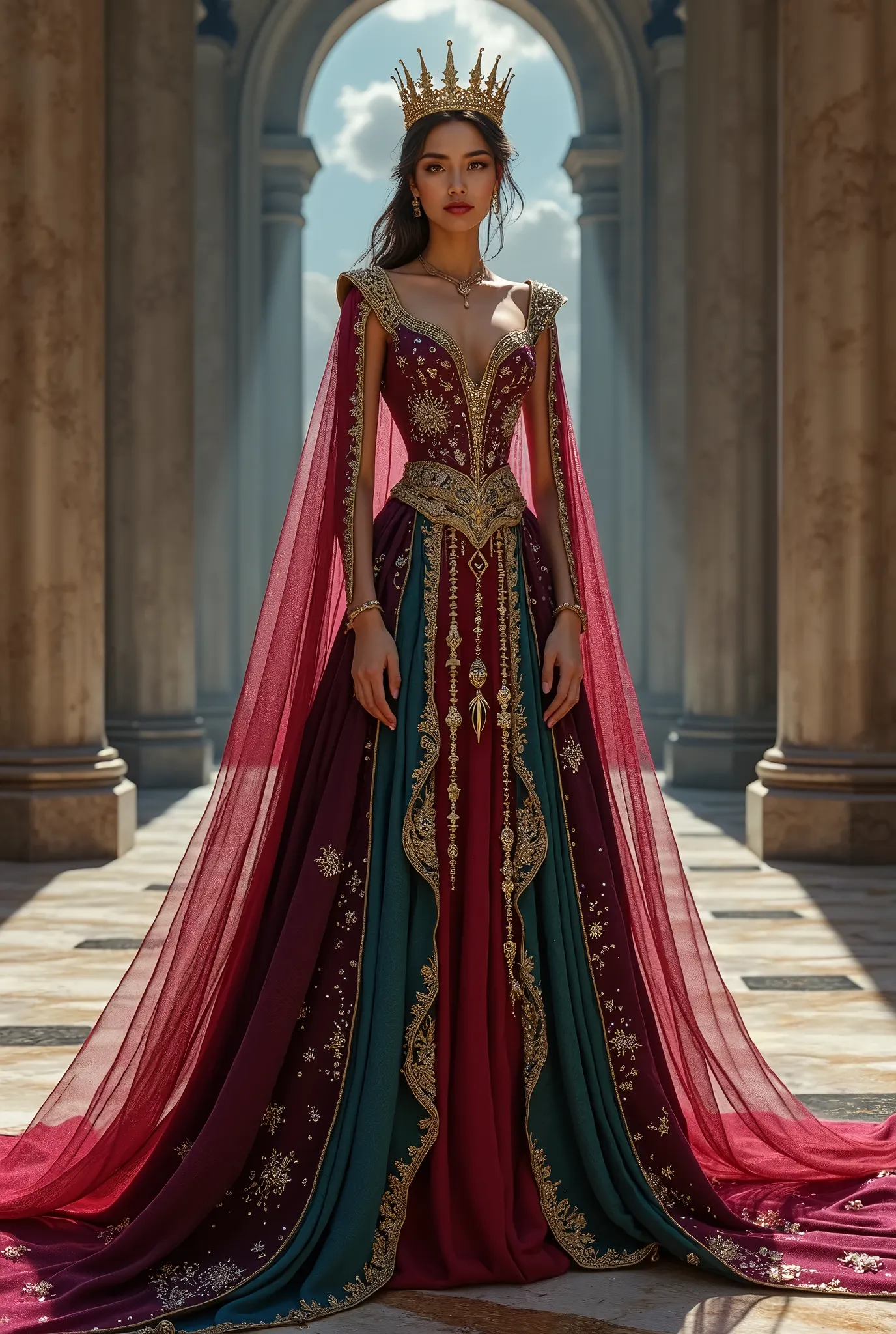 "A regal queen commands attention in an opulent gown designed to embody the essence of royalty. The bodice is a deep garnet red, with intricate embroidery of golden phoenixes spreading their wings, symbolizing power and rebirth. The skirt features layers o...