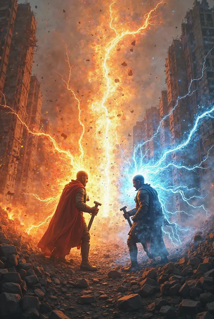 [Opening Scene]
Narrator (intense tone):
"In a city reduced to rubble, two warriors stand face to face… The air crackles with energy. The battle is about to begin!"

[Action Begins]
Narrator:
"Blaze, the master of fire, unleashes a torrent of flames! But S...