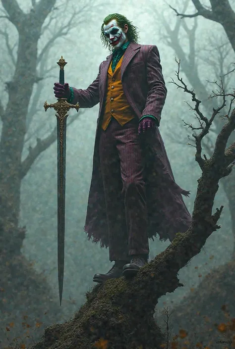 Joker holding a sword standing on a tree