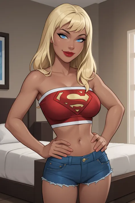 PonyXLV6_Scores BREAK ((parody), perfect anatomy, perfect eyes, cowboy shot) BREAK kara zor-el, straight hair, blonde hair, blue eyes, dark-skinned female, lipstick, red lips, ((looking at viewer)), superhero, white tube top, blue jean shorts, large brea...
