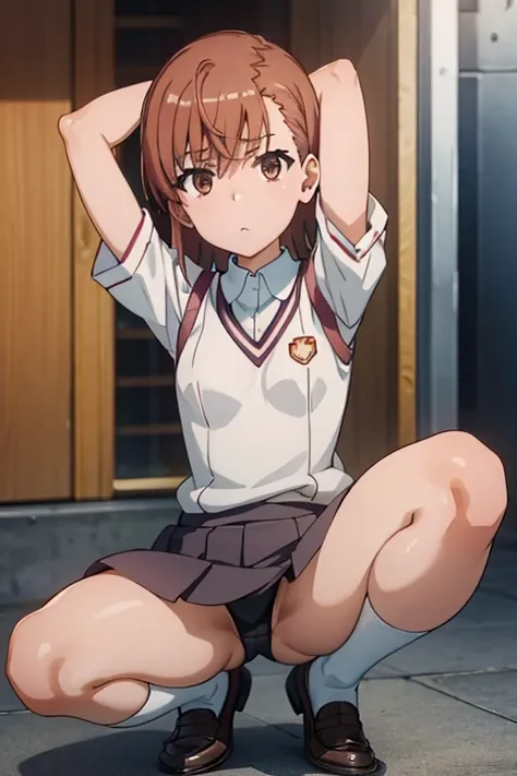 Mikoto misaka.、A Certain Scientific Railgun、girl、Small breasts、whole body,blush,best quality, camel toe:1.4,long gloves,brown loafers、black calf length socks、Open your thighs wide to the left and right､((enamel bondage:1.3、squat, spread your legs:1.3, arm ...