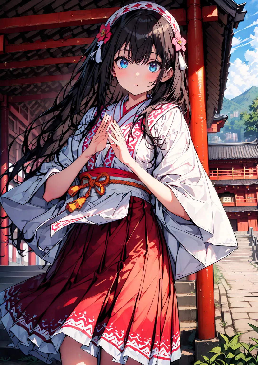  score_9,  score_8_up,  score_7_up,  source_anime, It's because of Rikkata,   black hair,  blue eyes,  long hair,  Orange Scrunch , scrunchie , List Scrunch, shrine maiden costume, white kimono ,Red Hakama, white socks,Sandals,I'm cleaning the stairs with ...