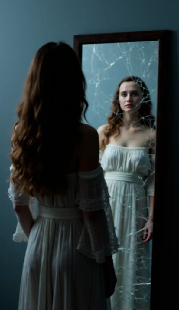 *"In a dark room, a breathtaking creature stands in front of an old, broken mirror. her back is turned towards the viewer, silhouette of supernatural elegance and grace. Your long, flowing hair seems to merge with the shadow, shimmers softly in low light, ...