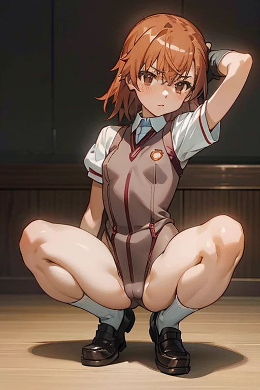 Mikoto misaka.、A Certain Scientific Railgun、girl、Small breasts、whole body,blush,best quality, camel toe:1.4,long gloves,brown loafers、black calf length socks、Open your thighs wide to the left and right､((enamel bondage:1.3、squat, spread your legs:1.3, arm ...