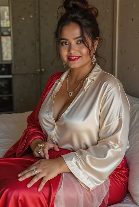 40-year-old married Indian woman looking at the viewer, wearing shiny finish , shiny and reflective long silk plus size transparent white and red silk blouse , big fat ass ,wide hips,big thighs details, large hollowed out chest,  voluptuous body,fat man wi...