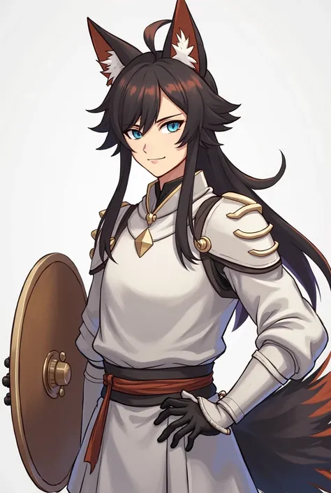 （Male fox 1.5）（skin1.3）（ blue pupil）（with long hair tied in a high ponytail）（The main color of the hair is dark brown）（and the back hair orange color is randomly distributed in 8 places）（furry），Fu Rui，strong，with white armor，, smile and look firmly at the ...