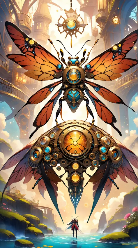 A fascinating masterpiece ， shows an insect-inspired robot ， decorated with exquisite gears 、 insect wings and luminous components ， set in a fantastical world of steam punk， with surreal and psychedelic features 。