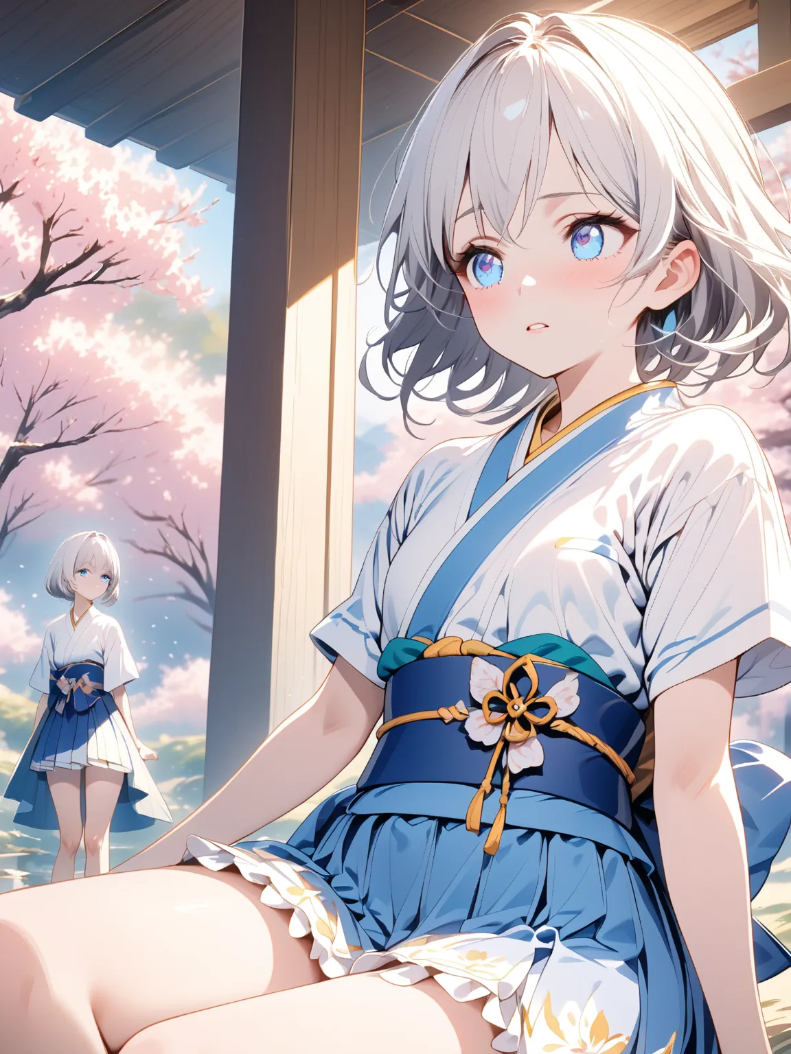 Wa Lolita, kimono skirt, furisode sleeves, medium silver hair, a  girl with blue eyes, Alone, The background is Japanese spring,  alert ,  knee shot, corruption, Short sleeve, miniskirt, NSFW,