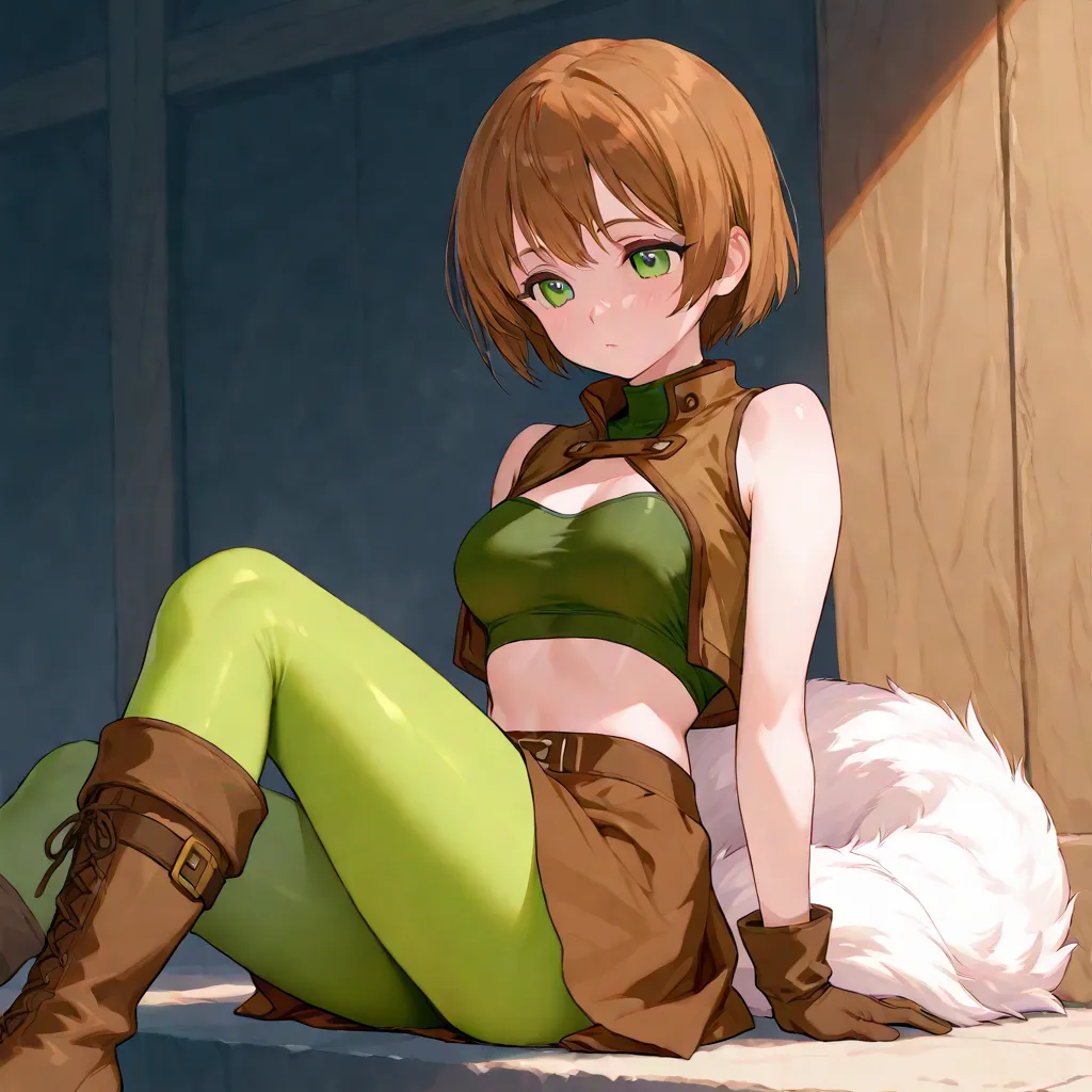 Anime cute young Woman with brown short hair, with green eyes, with round chest, with soft skin, with very tight green crop top with chest covered, with brown crop top jacket with fur, with brown gloves, with brown skirt, with green leggings, with cute boo...