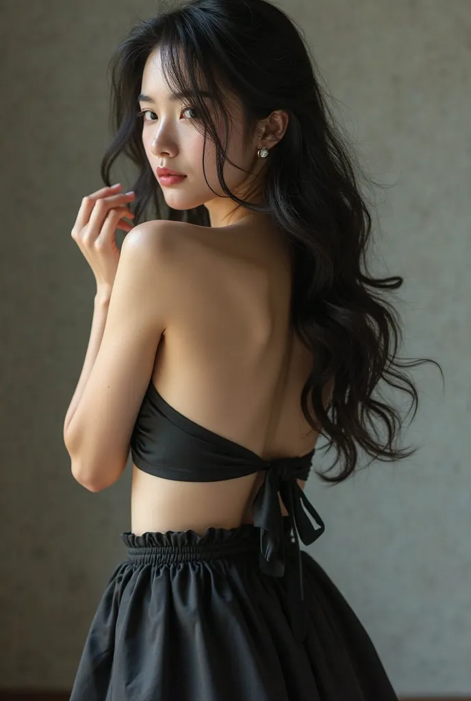 Japanese beauty in black silk miniskirt half naked