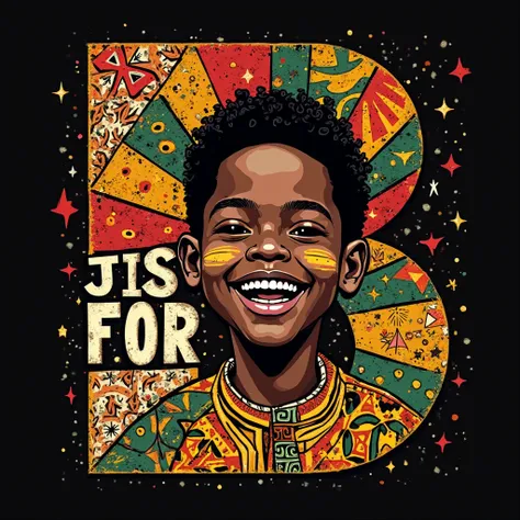 A vibrant and empowering digital artwork in a bold pop-art graphic design style, featuring a young Black boy with a joyful expression, symbolizing confidence, intelligence, and cultural pride. His face radiates happiness, with a wide, bright smile, express...