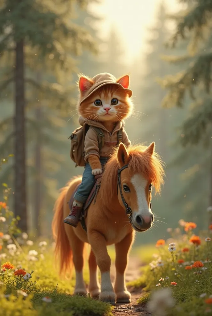 In 3d Pixar animation.
Character, orange tabby kitten wearing camping outfit 
Action, riding on a pony 
Background, Finland forest