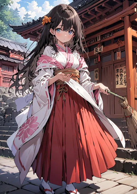 It's because of Rikkata,   black hair,  blue eyes,  long hair,  Orange Scrunch , scrunchie , List Scrunch, shrine maiden costume, white kimono ,Red Hakama, white socks,Sandals,I'm cleaning the stairs with a bamboo broom with both hands,noon,full bodyがイラストに...