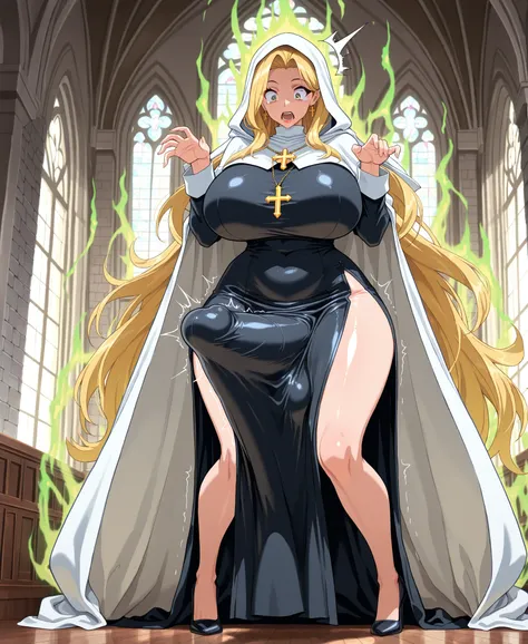 masterpiece, best quality, amazing quality, anime screencap, 1lady, milf, mature woman, solo, ((big full bimbo lips)), blonde hair, indoors, grey brick wall, window, church, nun, white rob, white hood, white cape, hood over eyes, thigh slit, high heels, ((...