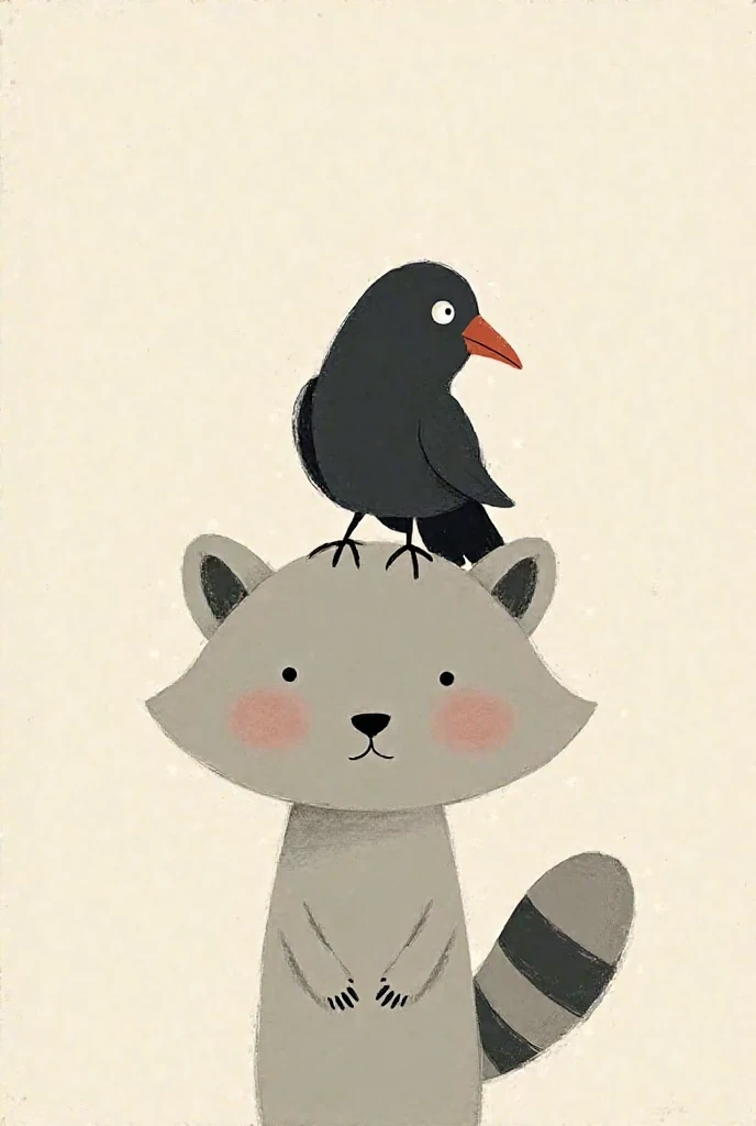 Minimalist drawing of a raven on the head of a raccoon, Tender animation 