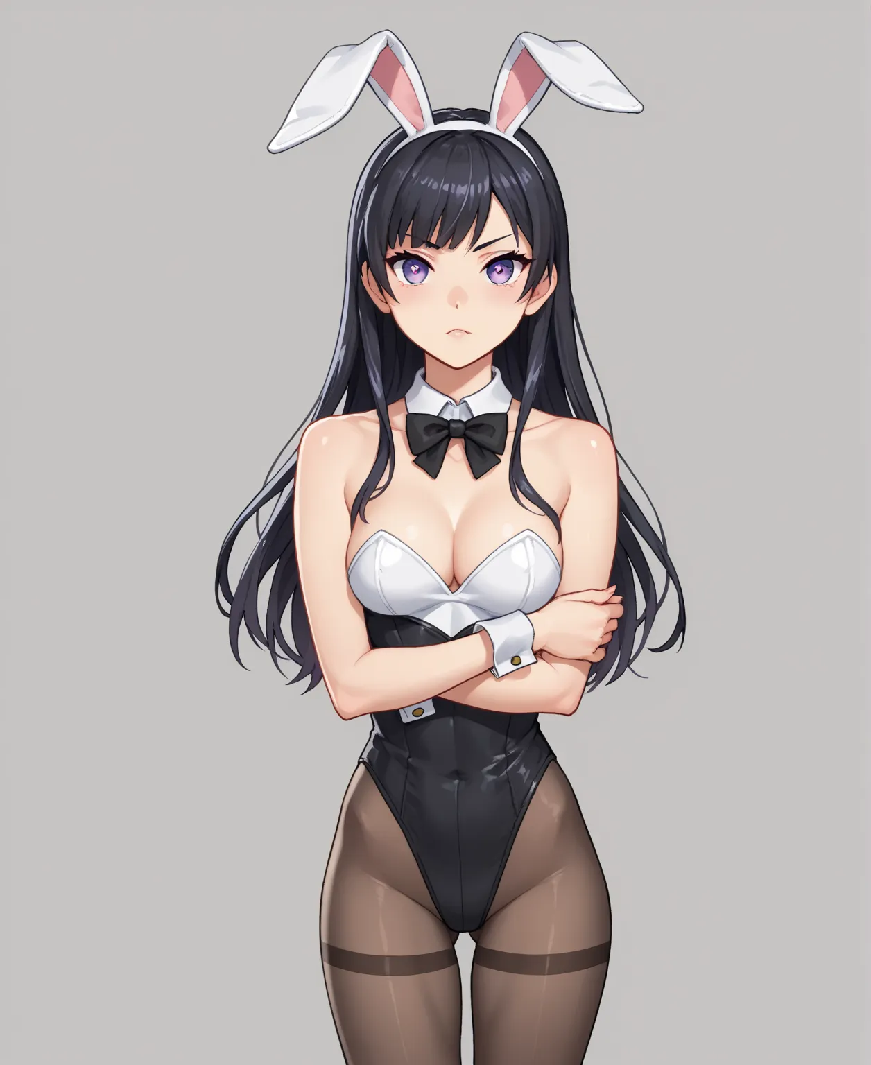 A female character with a slim, Asian ectomorphic body type, medium-sized breasts, long black hair, and light violet eyes, inspired by Rio Tsukatsuki, dressed in a white Playboy bunny outfit with white bunny ears and a soft pink inner lining. She has a col...