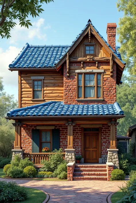 Create me a mixed two-story house, brick on the first floor and the second floor in wood, the roof that is in blue Spanish tile and the design that is four-winded 