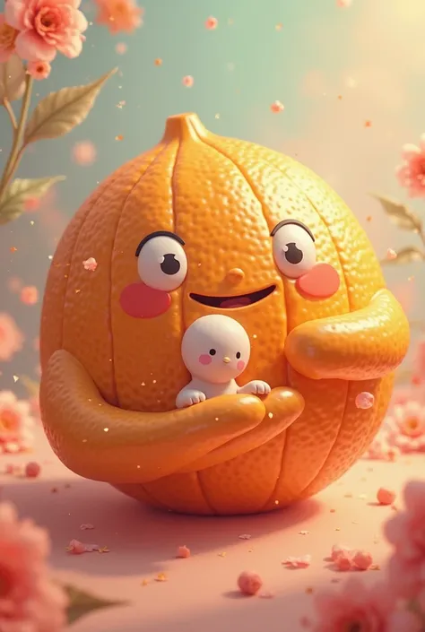 An animated grapefruit holding a human in its hand