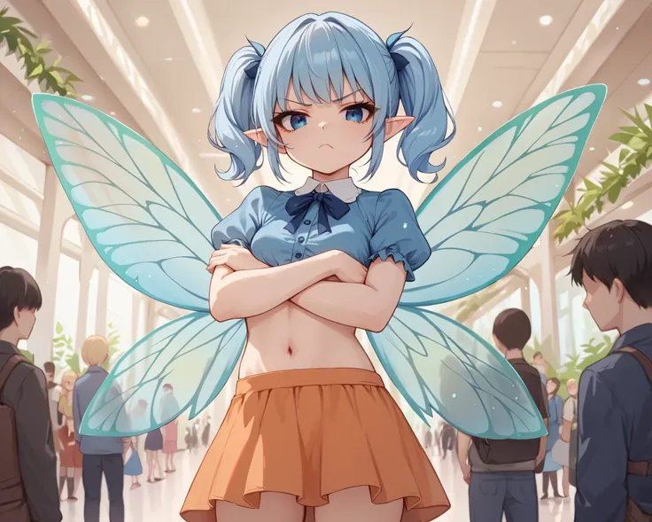 score_9_up, score_8_up, score_7_up, 1girl, solo, source_anime, fairy, FairyForm, Fairy Wings, Wings BREAK
Short twintails, fairy wings, bangs, small breasts, light blue hair, blue eyes BREAK
Light blue blouse, short sleeves, puffy sleeves, navel, orang...