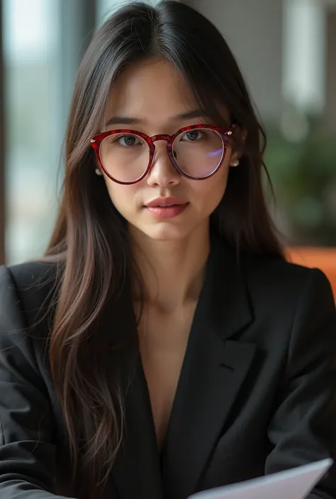  Beautiful girl with long straight hair,  dressed formally, with red glasses, Sitting talking about a presentation