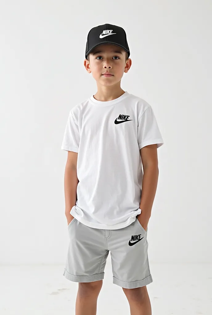 A boy wearing Nike clothes and a Nike cap on a white background only up to his belly 