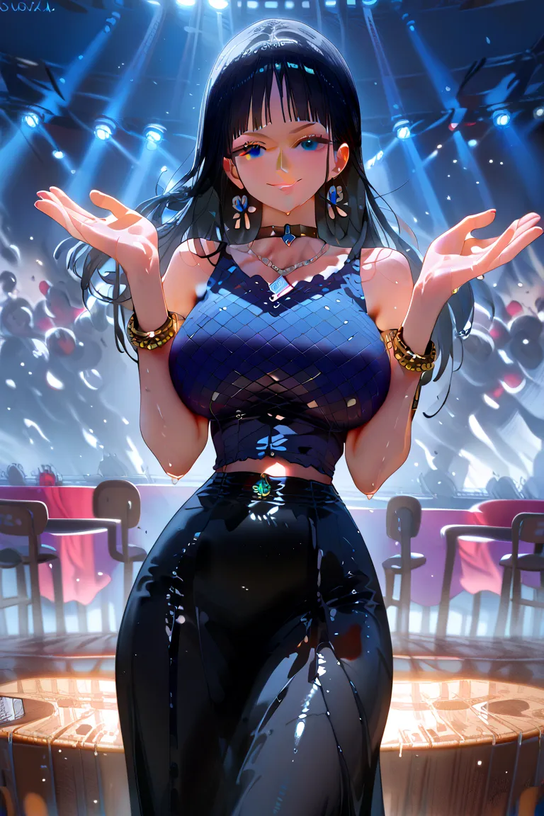 score_9, score_8_up, source_anime, BREAK solo, 1girl, looking at viewer, cowboy shot, zmovie, blue eyes, black hair, hair slicked back, long hair, jewelry, earrings, bracelet, necklace, choker, long skirt, armlet, rings, leopard print, purple shirt, sleeve...