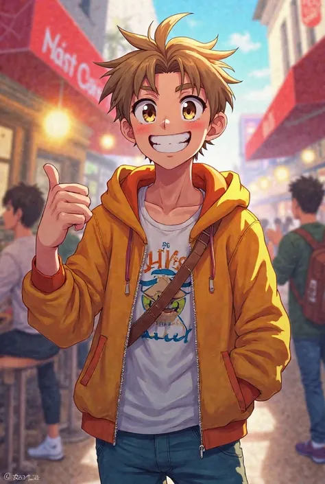 
"Draw a male anime character with a cheerful and humorous expression. He has golden brown messy hair, big eyes shining with cheeky sparkles, as well as a big smile typical of comedy characters. His clothes are casual yet unique, like a brightly colored ho...