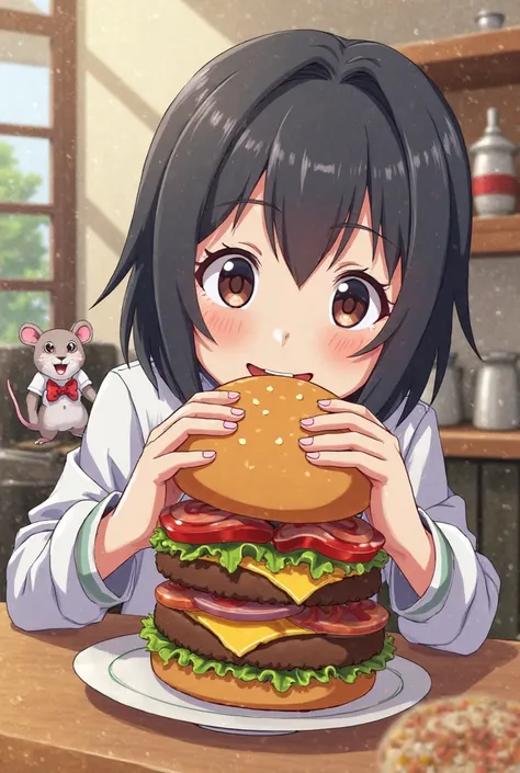 I want an image where ren appear enjoying hamburgers and a rat dressed as a chef appears in the background