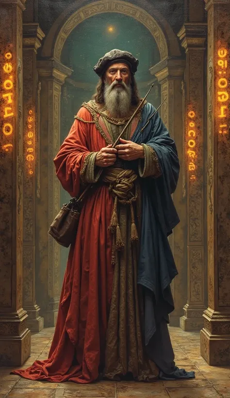 A Renaissance painting of Leonardo da Vinci, wearing his classic robe and beret, holding a paintbrush. He stands inside the Mortal Kombat temple, where mystical symbols glow on the walls.	