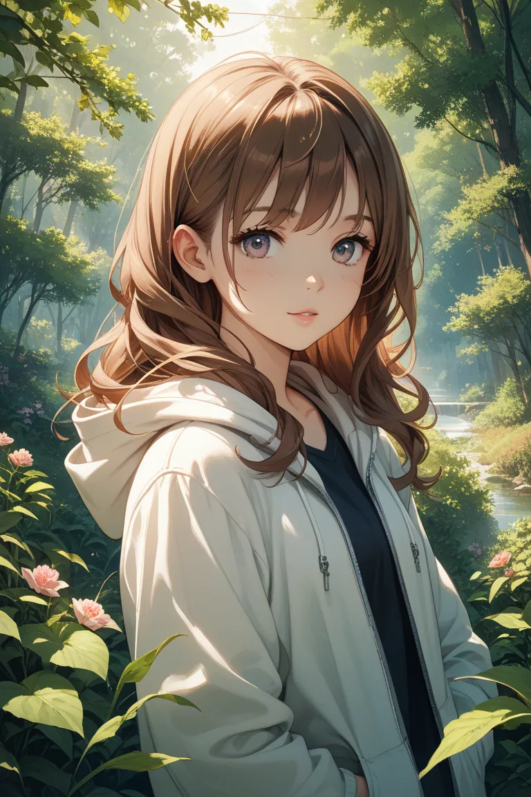 beautiful woman under hoodie、Foreigners、long brown hair、In nature、Ephemeral lighting、soft focus、anime style、detailed facial features