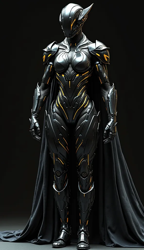 A futuristic warrior clad in a sleek, black armored bodysuit with intricate metallic detailing. The armor is form-fitting, made of a high-tech, flexible yet durable material, with golden or silver vein-like accents running across the chest, shoulders, arms...