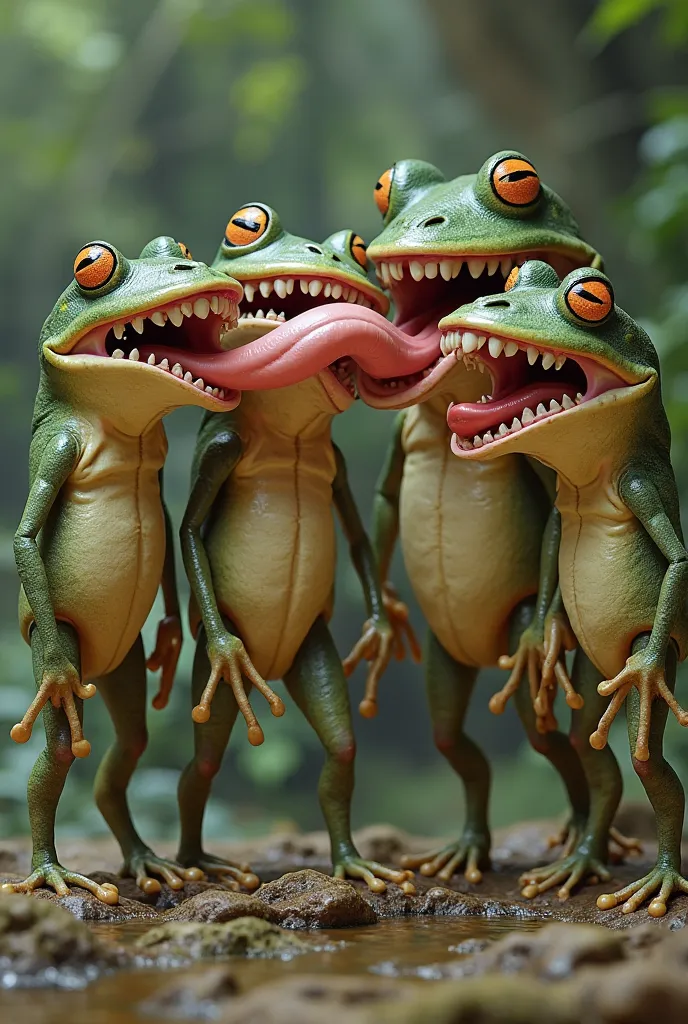 Several mini frog drawings with human body standing with teeth, Open mouth and giant tongue in realint style