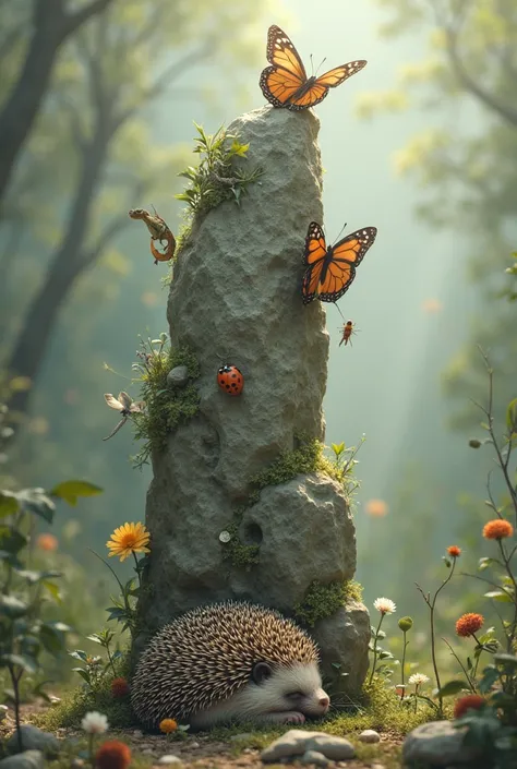 I want a 2d picture of a stone that stands upwards. At its base there is a sleeping hedgehog. On the stone's surfaces stands a butterfly, a lizard, a spider and a ladybug.