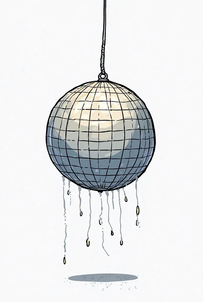 A FAMILY GUY-STYLE CARTOON OF A SILVER DISCO BALL PIÑATA WITH WHITE BACKGROUND 