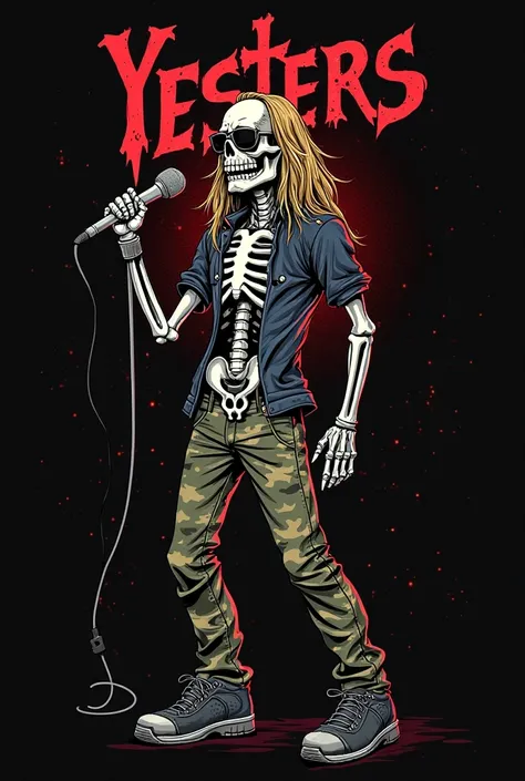 Logo for a rock band/Metal call "Yesters" with a skeleton metal zombie, singer, with razor-shaped microphone only, Long hair Medium blonde brown, black glasses,  camouflaged pants, Stronger , on black background, including the name of the band