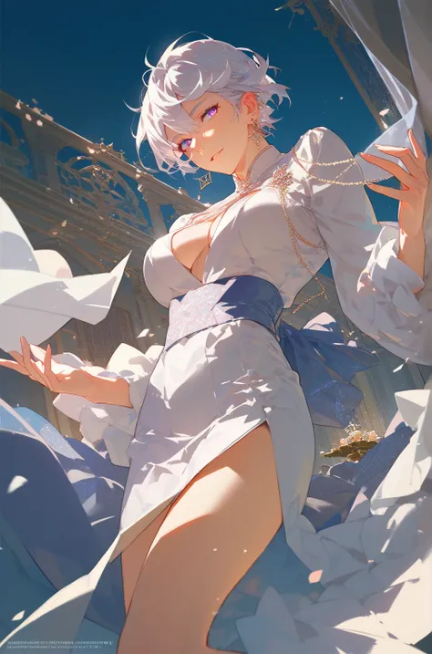 1 girl, light skin, tall woman, seductive pose, white hair, piercing eyes, violet eyes, sexy underwear, elegant, bangs, dutch angle, dynamic angle, intricately detailed illustration